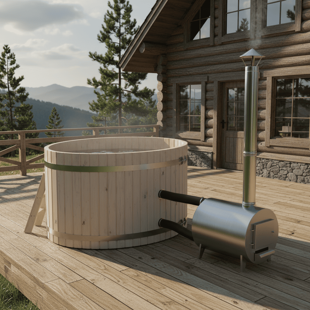 Hot Tub und Fasssauna auf Terrasse Wellness im Garten Holz