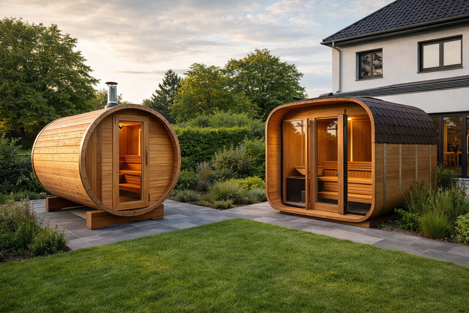 Fasssauna und moderne Quadro Sauna mit abgerundeten Formen im Garten